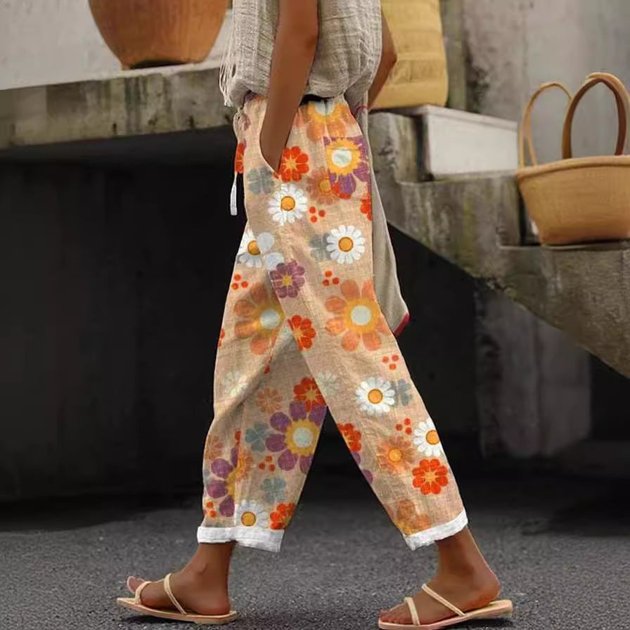 Pocket Casual Printed Elastic Waist Cropped Straight Pants