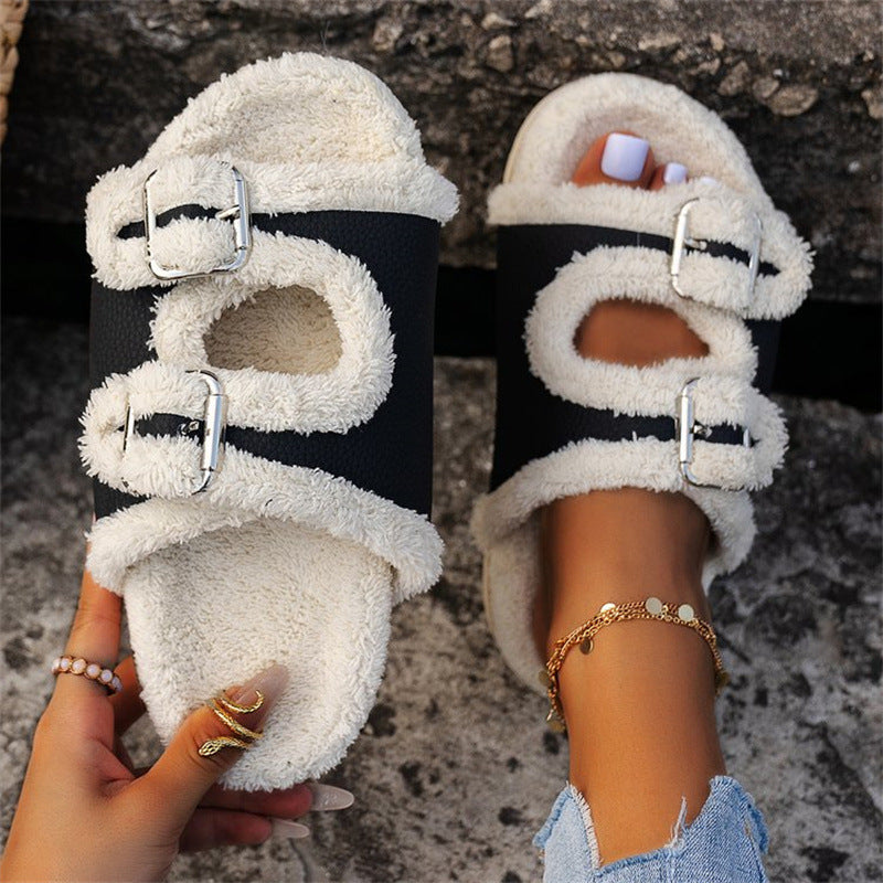 Autumn Winter Slipper Thick Sole Buckle Lamb Swool Slippers For Women Outdoor Gardern Indoor Lazy Plush Shoes