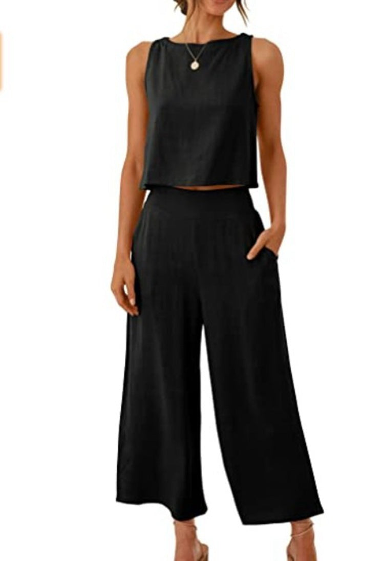 Sleeveless Vest Cropped Wide-leg Pants Suit