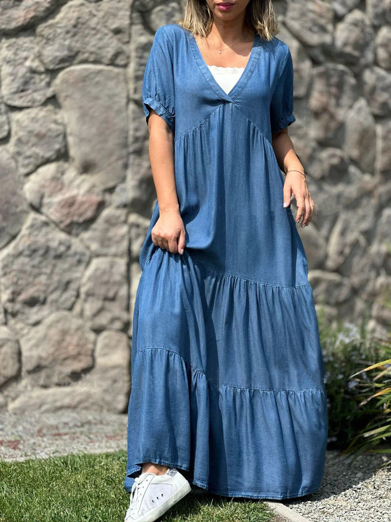 European And American Plus Size Women's Clothes Faux Denim Solid Color And V-neck Long Dress