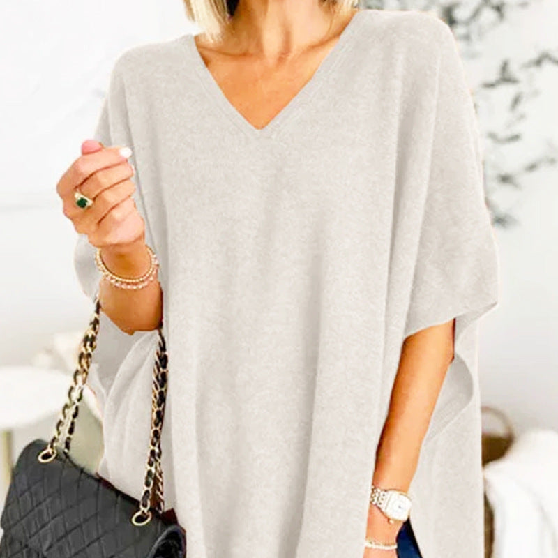 Batwing Sleeve Knitted Outer Solid Color And V-neck Pullover Loose Sweater