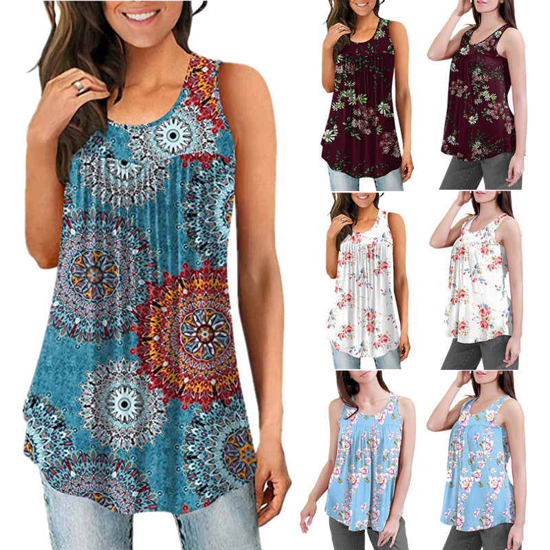 Women's Printed Round Neck Pleated Sleeveless Vest Top