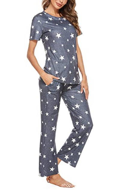 Short Sleeve Round Neck Trousers Star Print Pajamas Suit Women