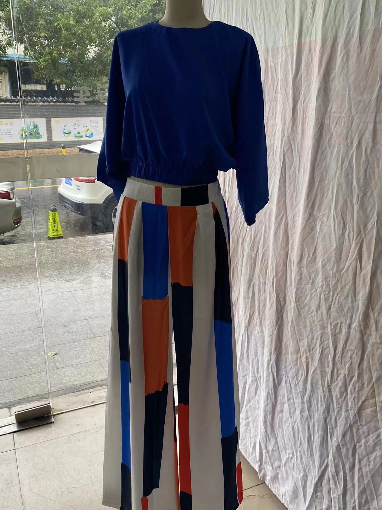 Blue Top High Waist Wide Leg Pants Suit