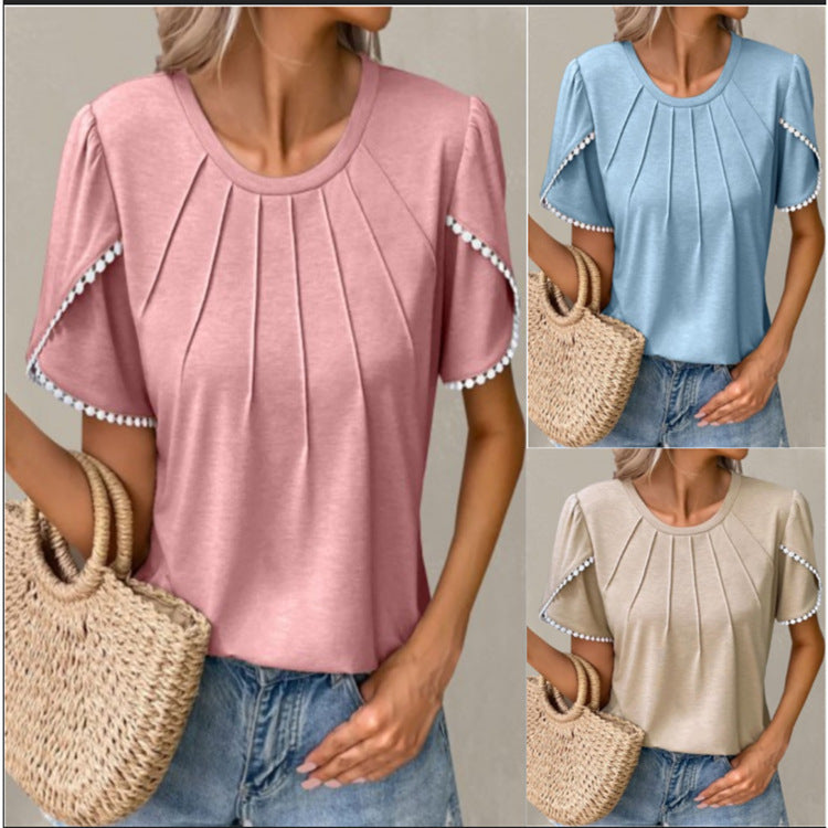 Summer Round Neck Tassel Tulip Sleeve T-shirt Casual Top For Women