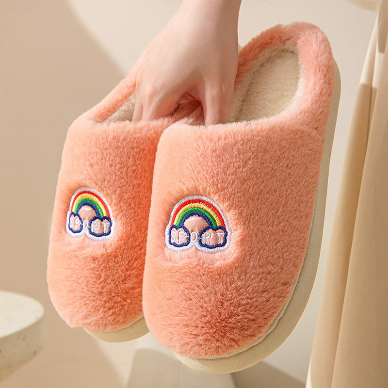 Kawaii Rainbow Embroidered Slippers Warm Slip On Plush Shoes Couple Indoor Home Slippers Winter