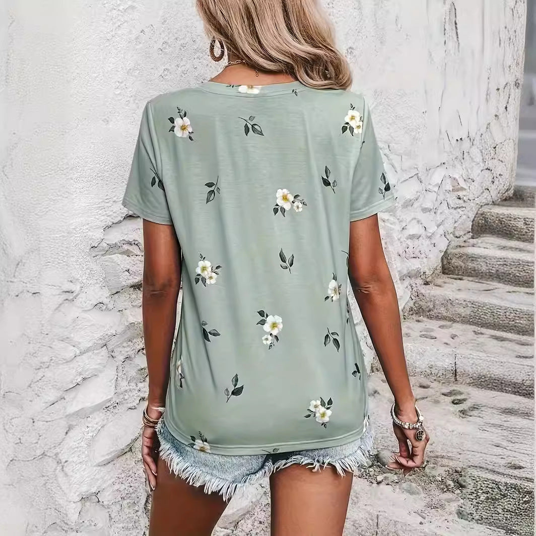 Cross-border European And American Women's Floral Print Short Sleeve Round Neck T-shirt