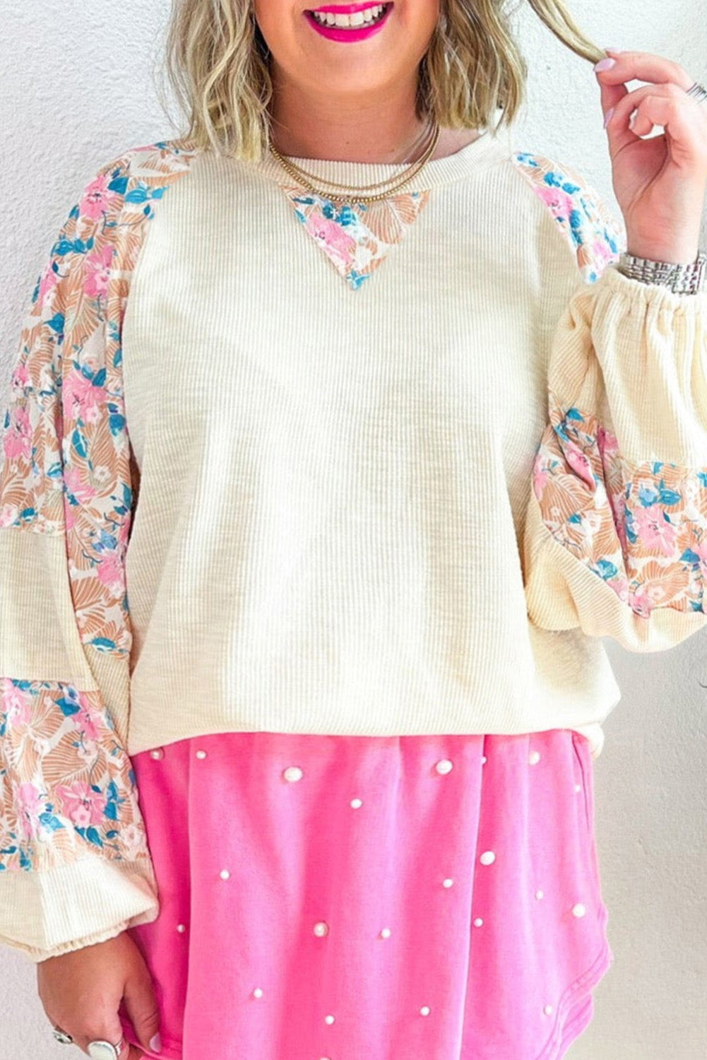 Apricot Plus Size Floral Patchwork Ribbed Puff Sleeve Top