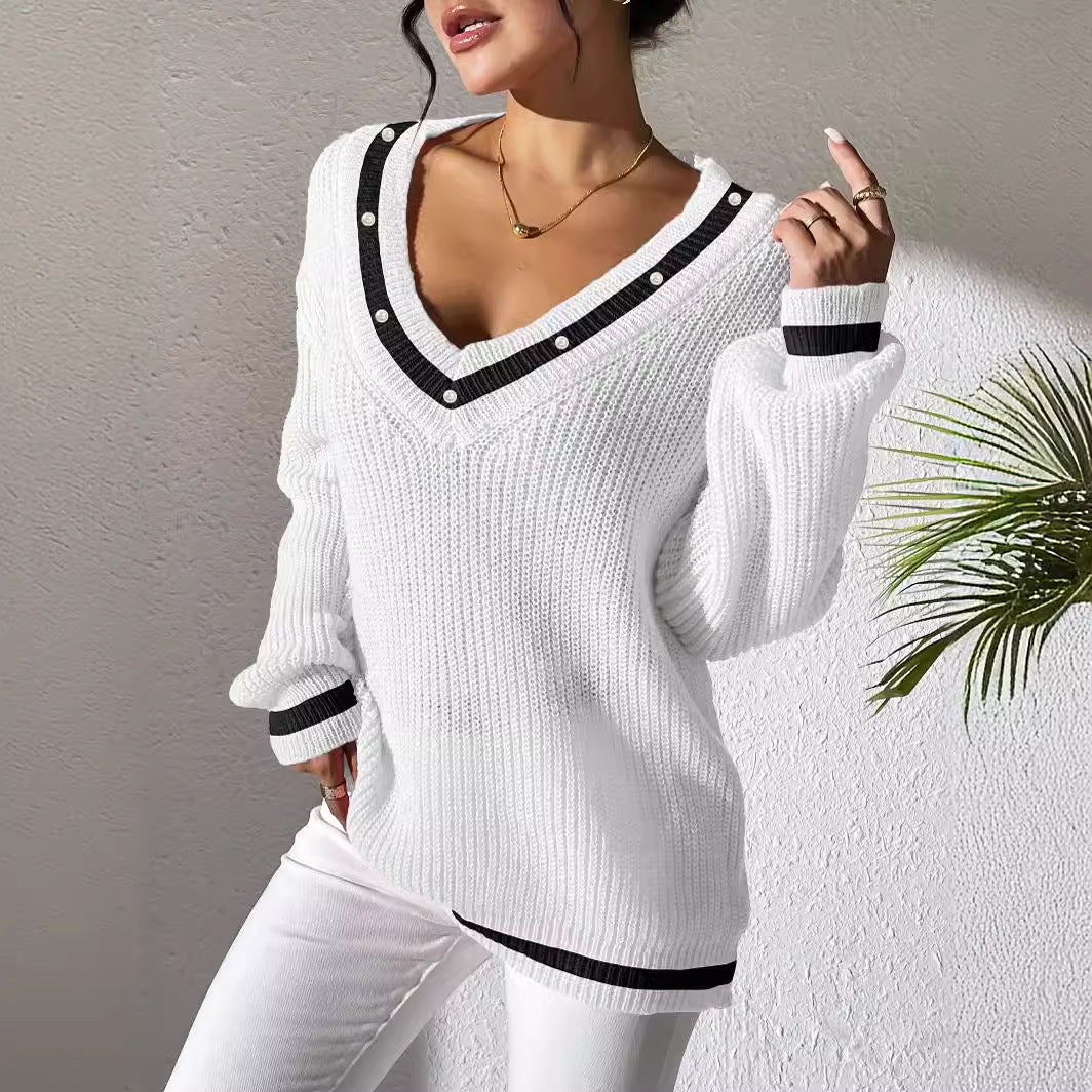 Women's Top Color Contrast Patchwork V-neck Long Sleeve Sweater