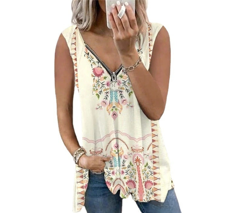 V-neck Zipper Printed Top