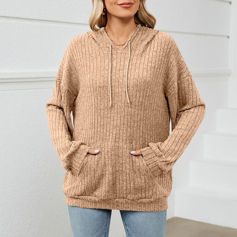 Knitted Sweater With Hooded Pit Stripe Kangaroo Pocket Sweater