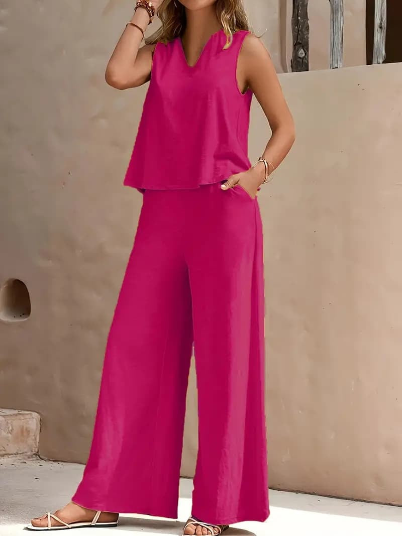 Solid Color Summer Slacks Suit, V-neck Vest And Wide-leg Pants Outfit