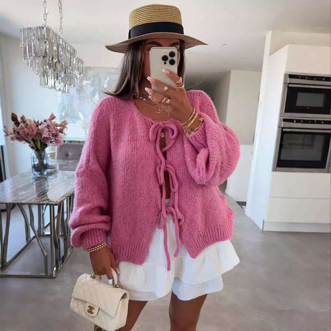 Round Neck Tied Knitted Cardigan Coat Solid Color Commute Simple Sweater Women