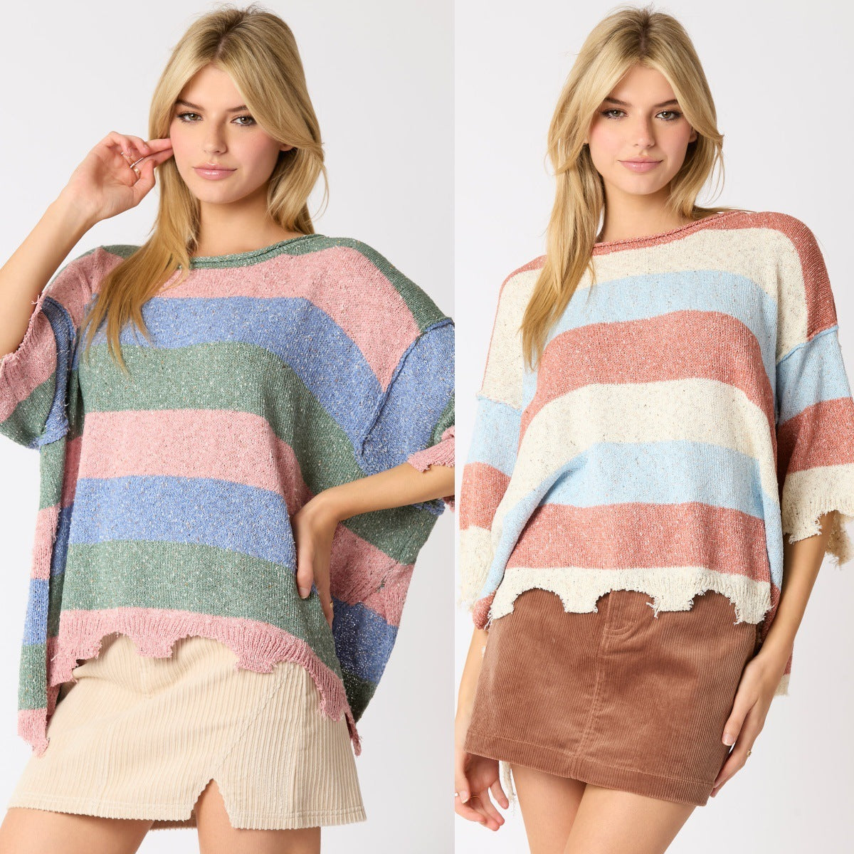 Women's Multi-color Stripe Contrast Color Short-sleeved Shirt Knitted Sweater