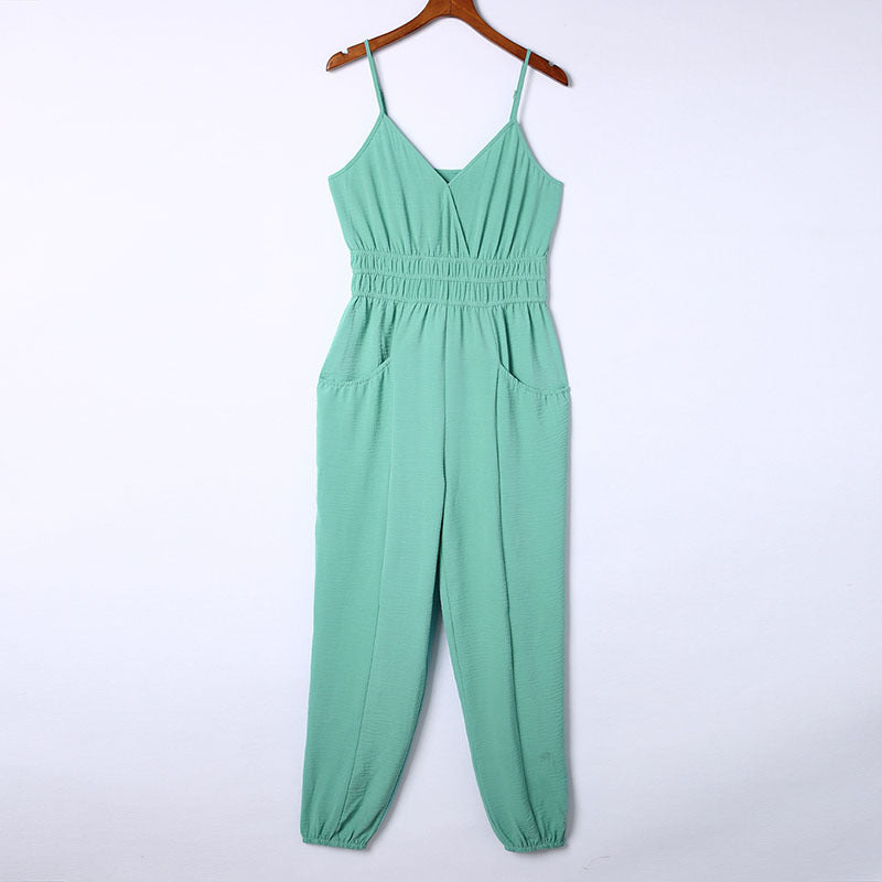 Summer Women's Clothing Waist Trimming Spaghetti Straps One-piece Trousers Solid Color Backless Jumpsuit