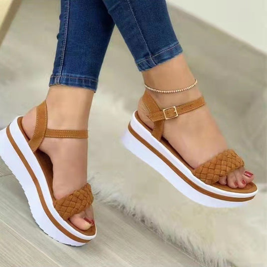 Weave Style Sandals Thick-bottomed Braided One Word Buckle Strap Shoes Women