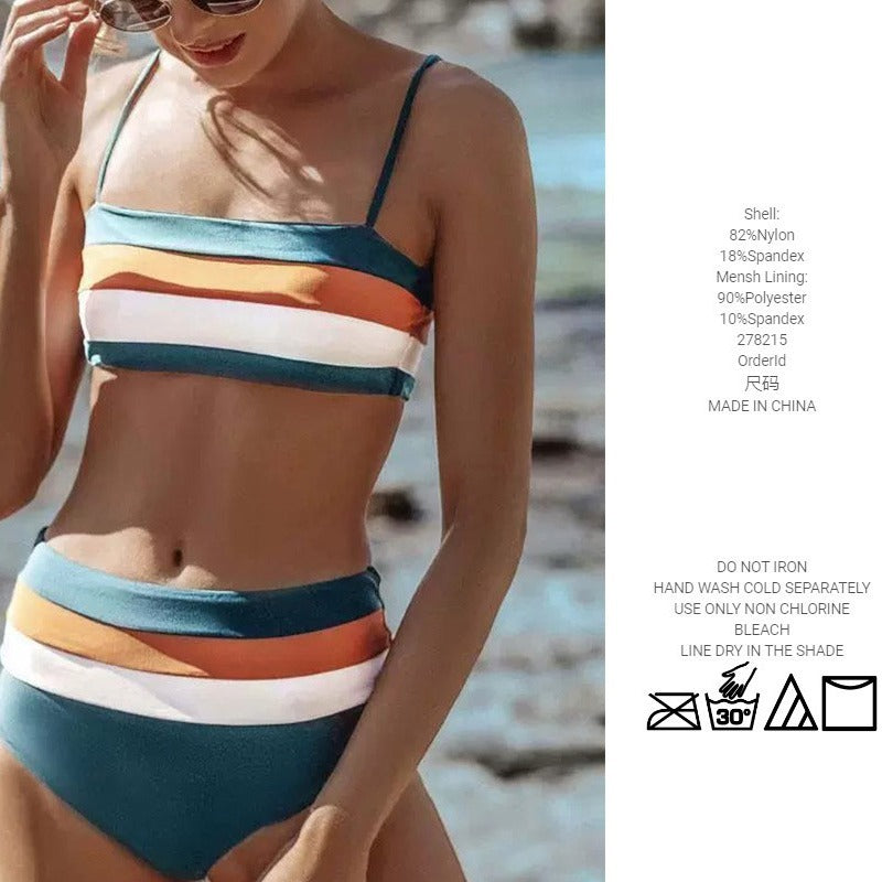 Women's Striped Contrast Color Swimsuit With Shoulder Straps Suit