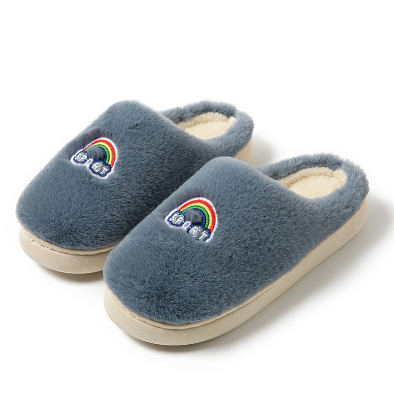 Kawaii Rainbow Embroidered Slippers Warm Slip On Plush Shoes Couple Indoor Home Slippers Winter