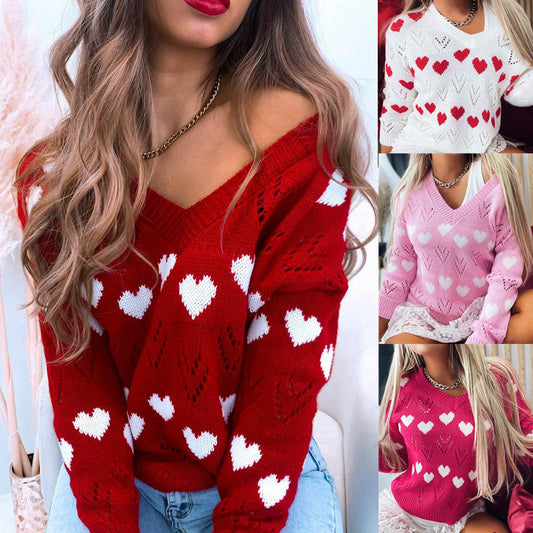Casual V Neck Love Off Shoulder Hollow Knitting Sweater
