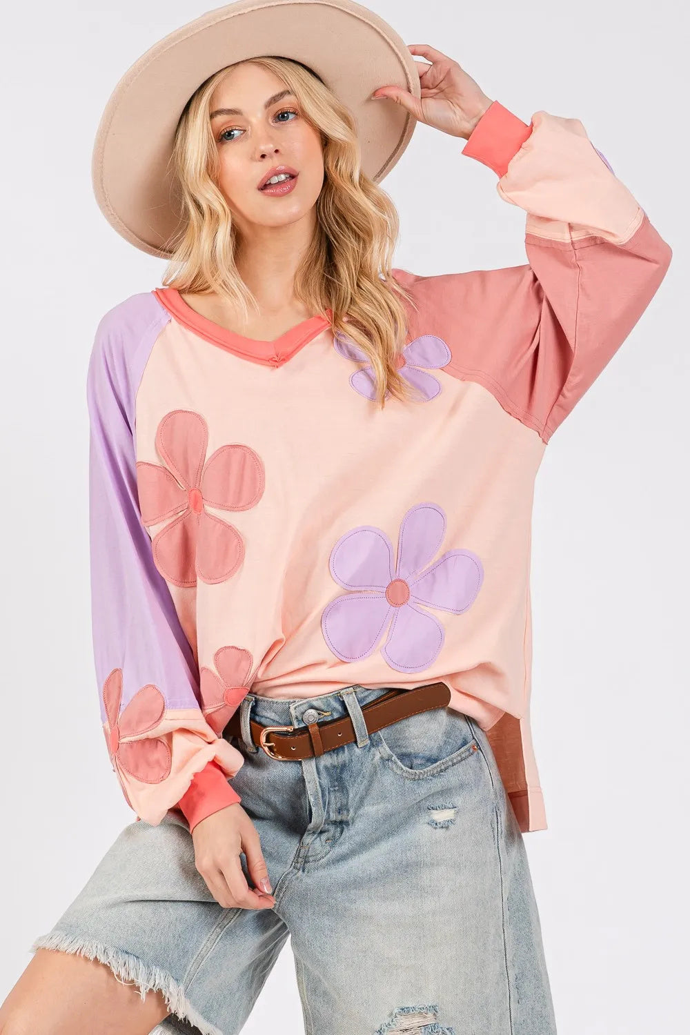 SAGE  FIG Full Size  Applique Patch Color Block Long Sleeve Top