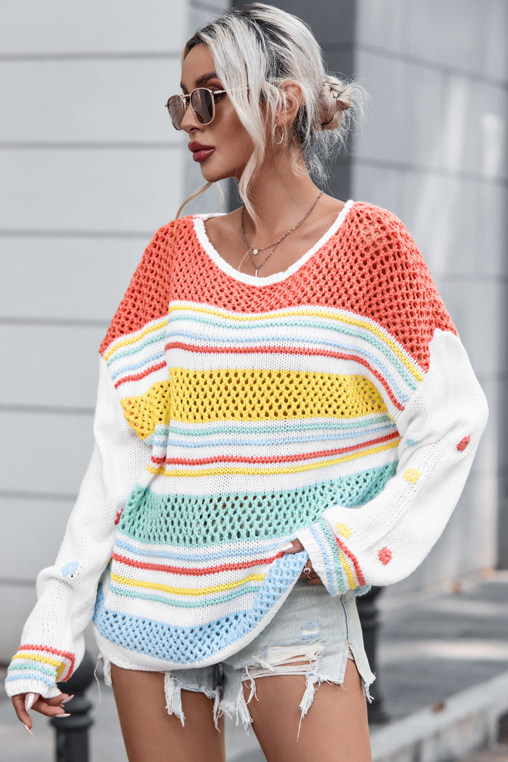 Multicolor Hollow Striped Knit Contrast Sleeve Sweater