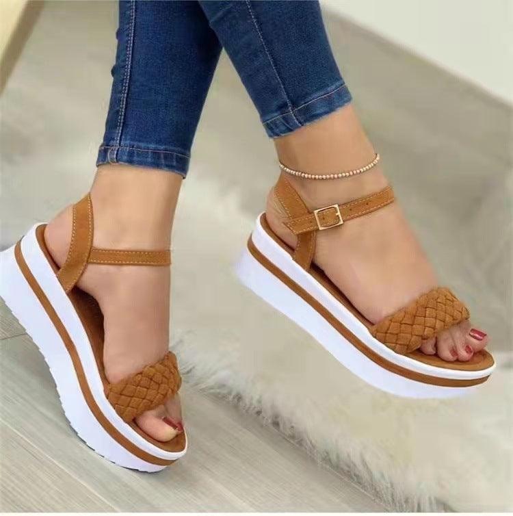 Weave Style Sandals Thick-bottomed Braided One Word Buckle Strap Shoes Women