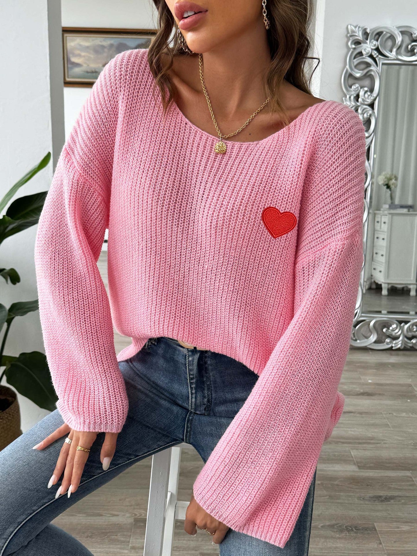 Women's Pullover Off-neck Flared Sleeve Love Embroidered Sweater