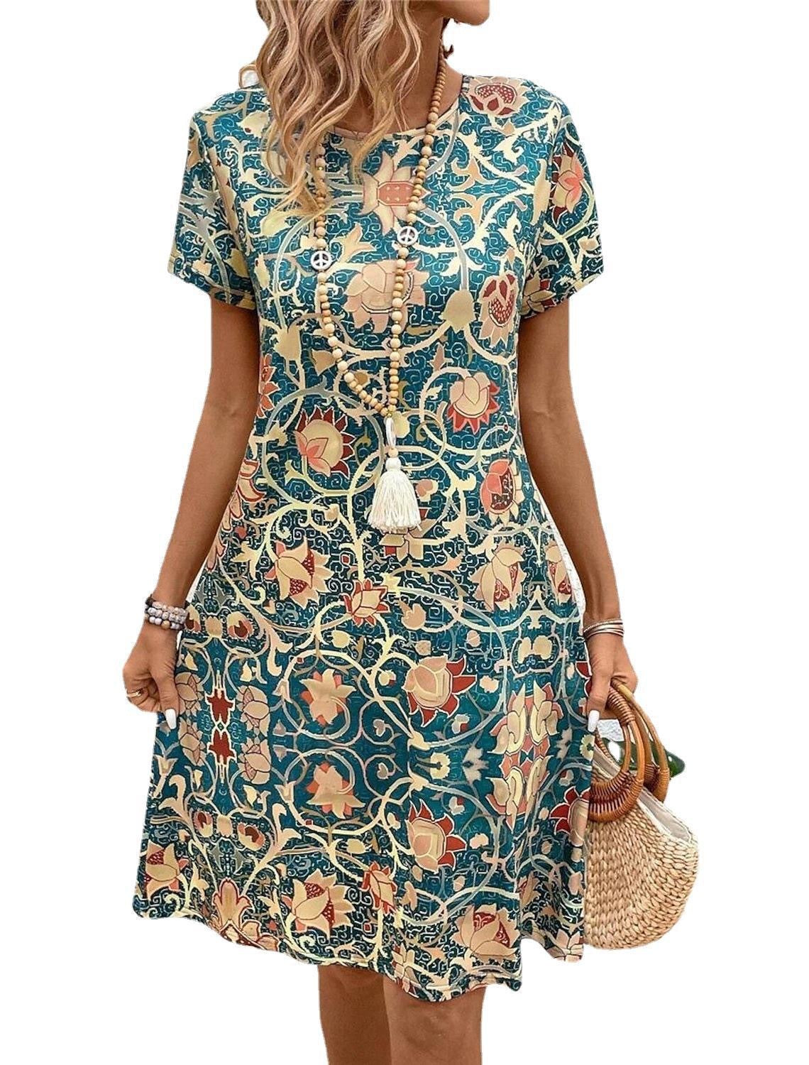 Round Neck Plant Flower Print Loose Casual Dress