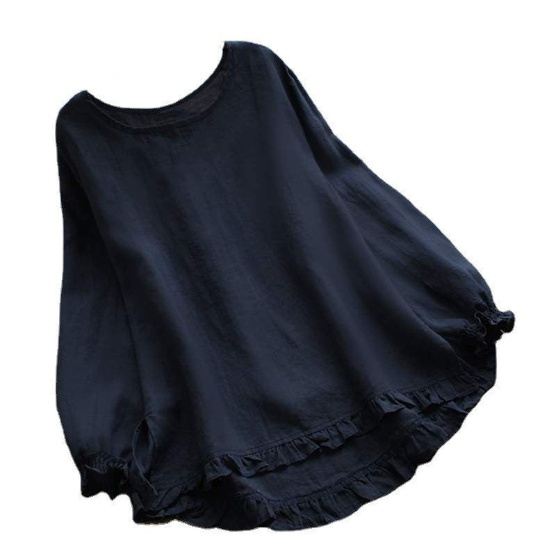 Long Sleeve Ruffled Bottom Cuff Loose-fitting Women's Cotton Linen Solid Color Round Neck Shirt