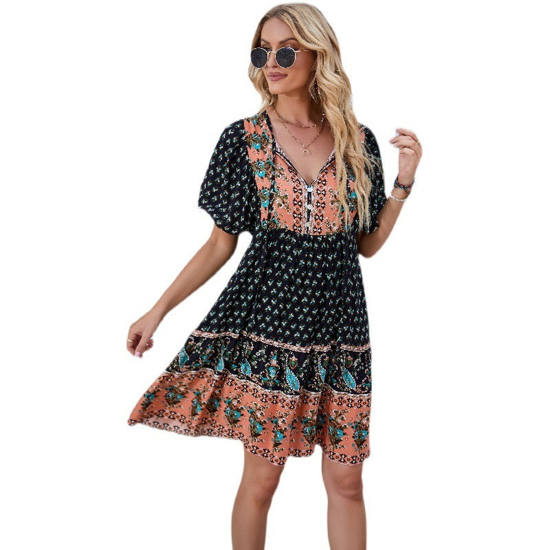 Colored Printing Short Sleeve Dress Women