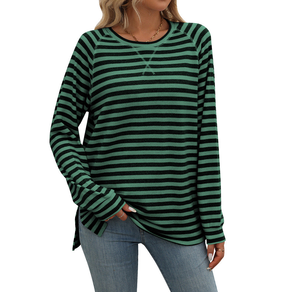 Striped Contrast Color Round Neck Long Sleeve Loose-fitting T-shirt Top