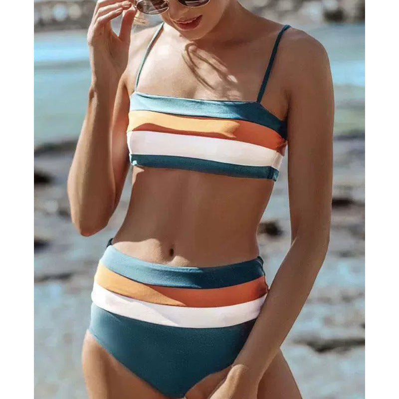 Women's Striped Contrast Color Swimsuit With Shoulder Straps Suit