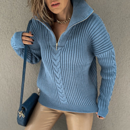 Autumn And Winter Solid Color Knitted Zip Pullover