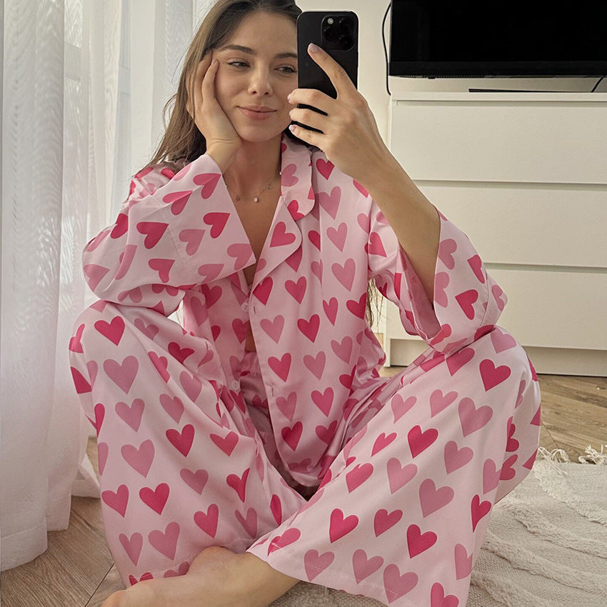 Heart Printing Cardigan Long Sleeve Pants Pajamas Two-piece Set