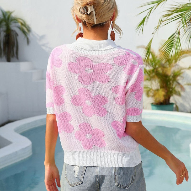 Summer New Women's Trending Unique Lapel Flower Print Short Sleeve