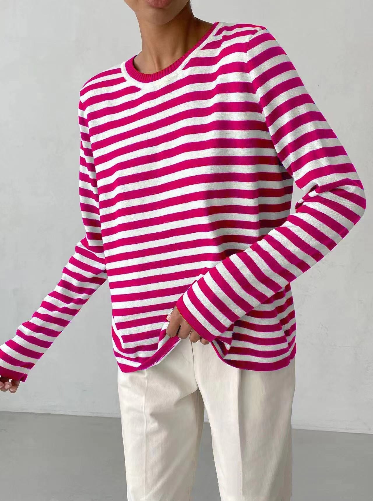 New Knitted Striped Sweater Versatile Retro Pullover