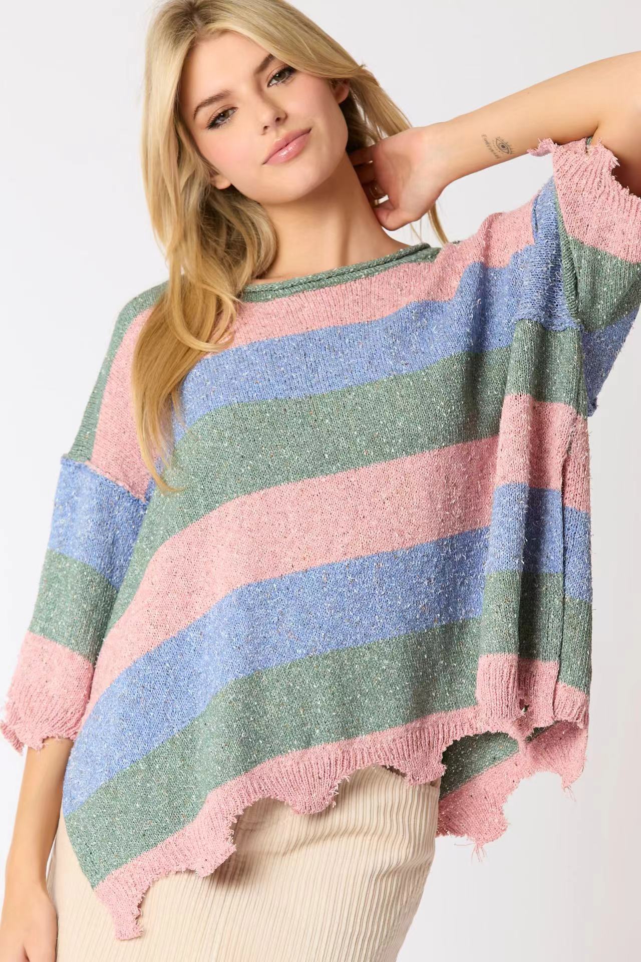 Women's Multi-color Stripe Contrast Color Short-sleeved Shirt Knitted Sweater