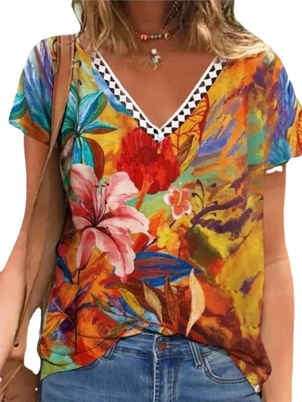 Summer Women's Printed Short-sleeved Women's V-neck T-shirt