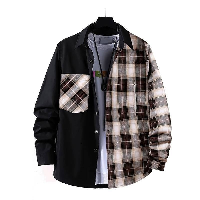 Spring Style Color-contrast Check Pocket Plaid Long Sleeve Shit Jacket