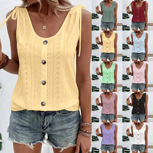 Casual Solid Color U-neck Vest Women Shoulder With Bow Tie Tops Summer T-shirt