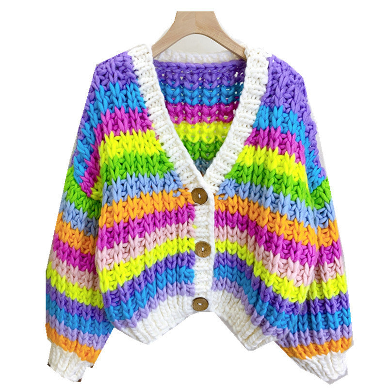 Hand-woven Rainbow Color-blocking Sweater Cardigan For Women