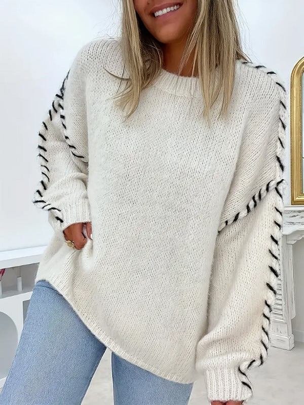 Spring And Autumn Fashion Solid Color Round Neck Long Sleeve Loose Knitted Sweater