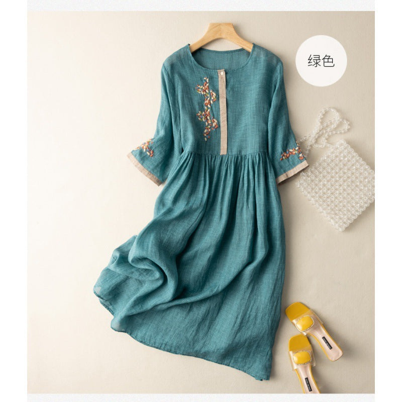 Artistic Ethnic Style Linen Cotton Embroidery Loose Half Sleeve Dress