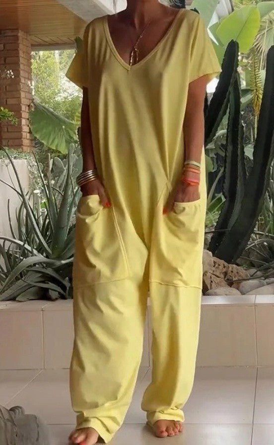 European And American Solid Color And V-neck Oversized Pocket Low-grade Jumpsuit