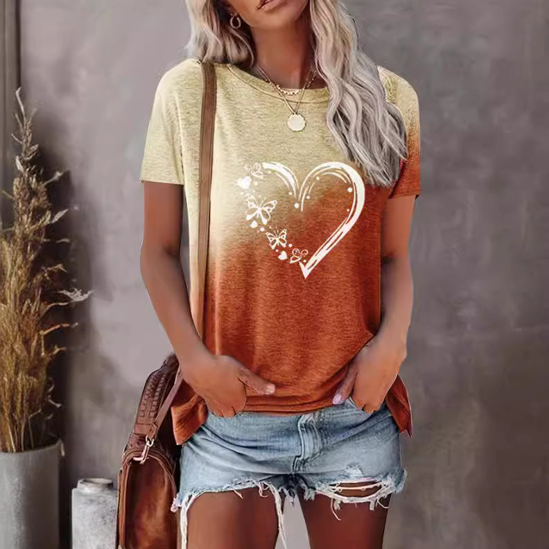 Love Gradient Printing T-shirt Fashion Street Short Sleeve Round Neck Straight Top