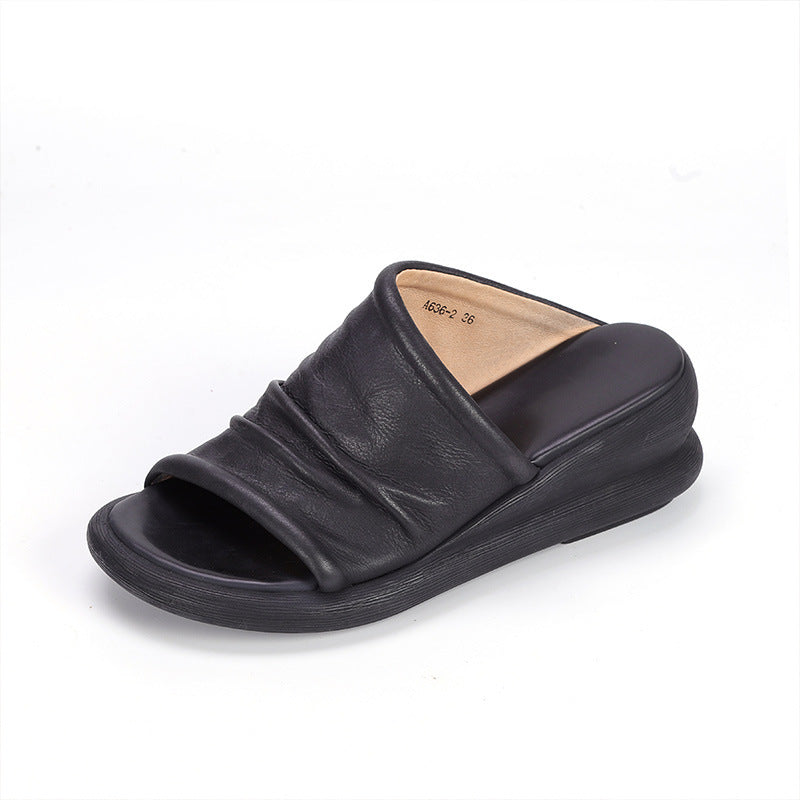 Summer Leather Slippers Women's Outdoor Vintage Crumpled Sandals Wedge