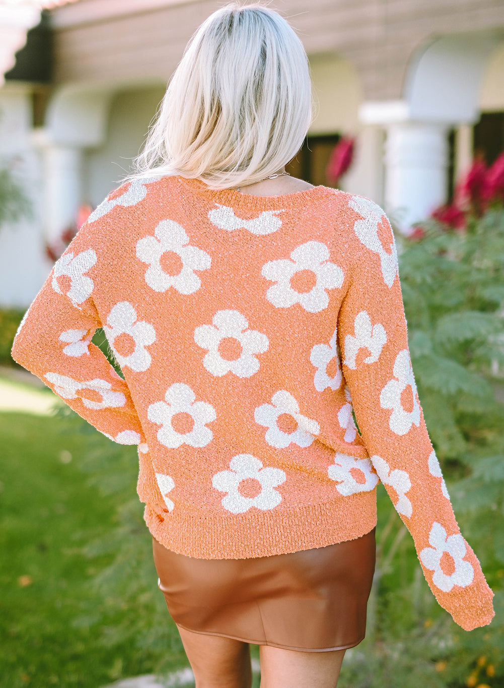 Grapefruit Orange Fuzzy Floral Knitted Drop Shoulder Sweater