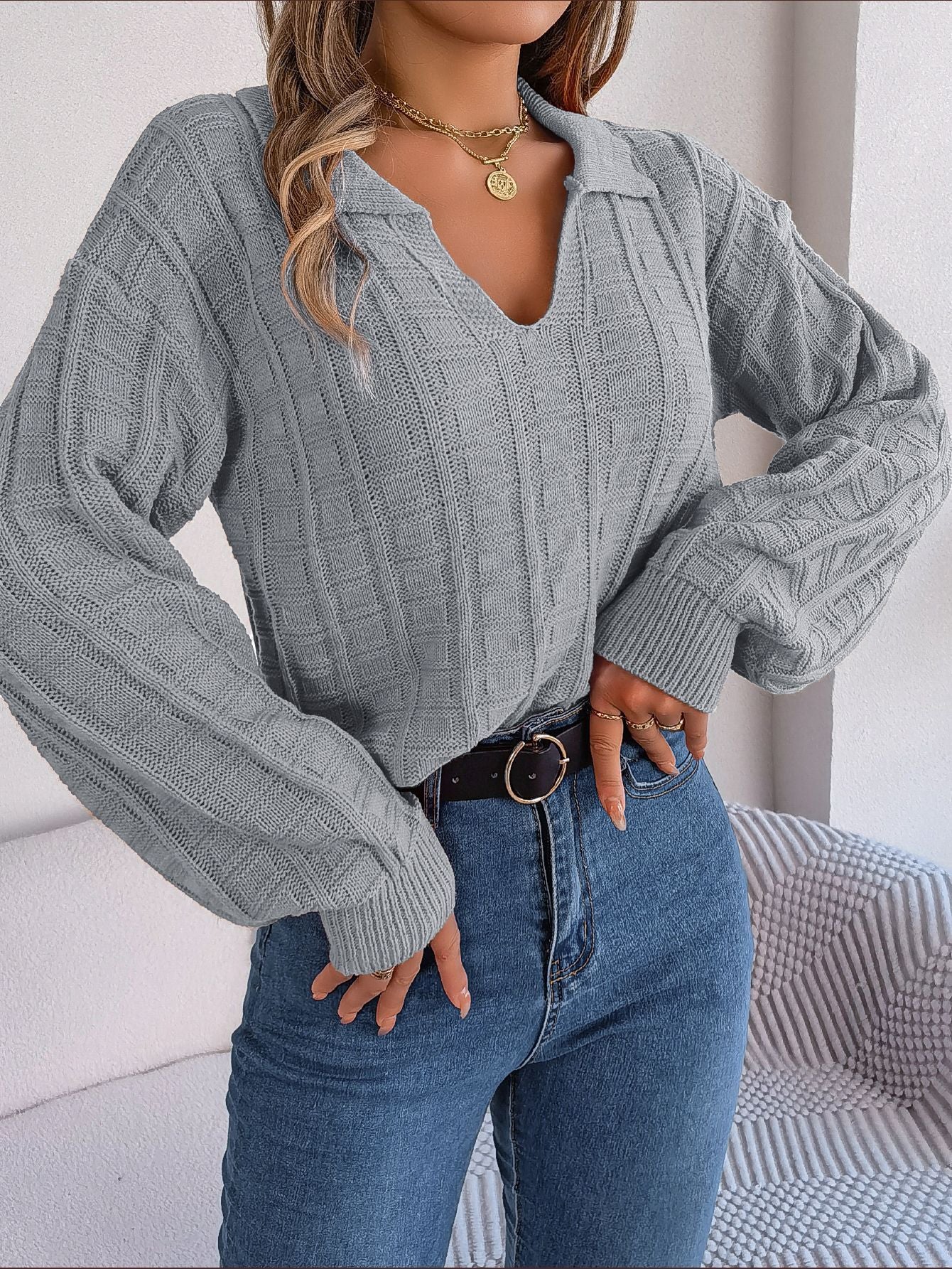 Casual Polo Collar Solid Color Plaid Long Sleeve Knitted Pullover Sweater