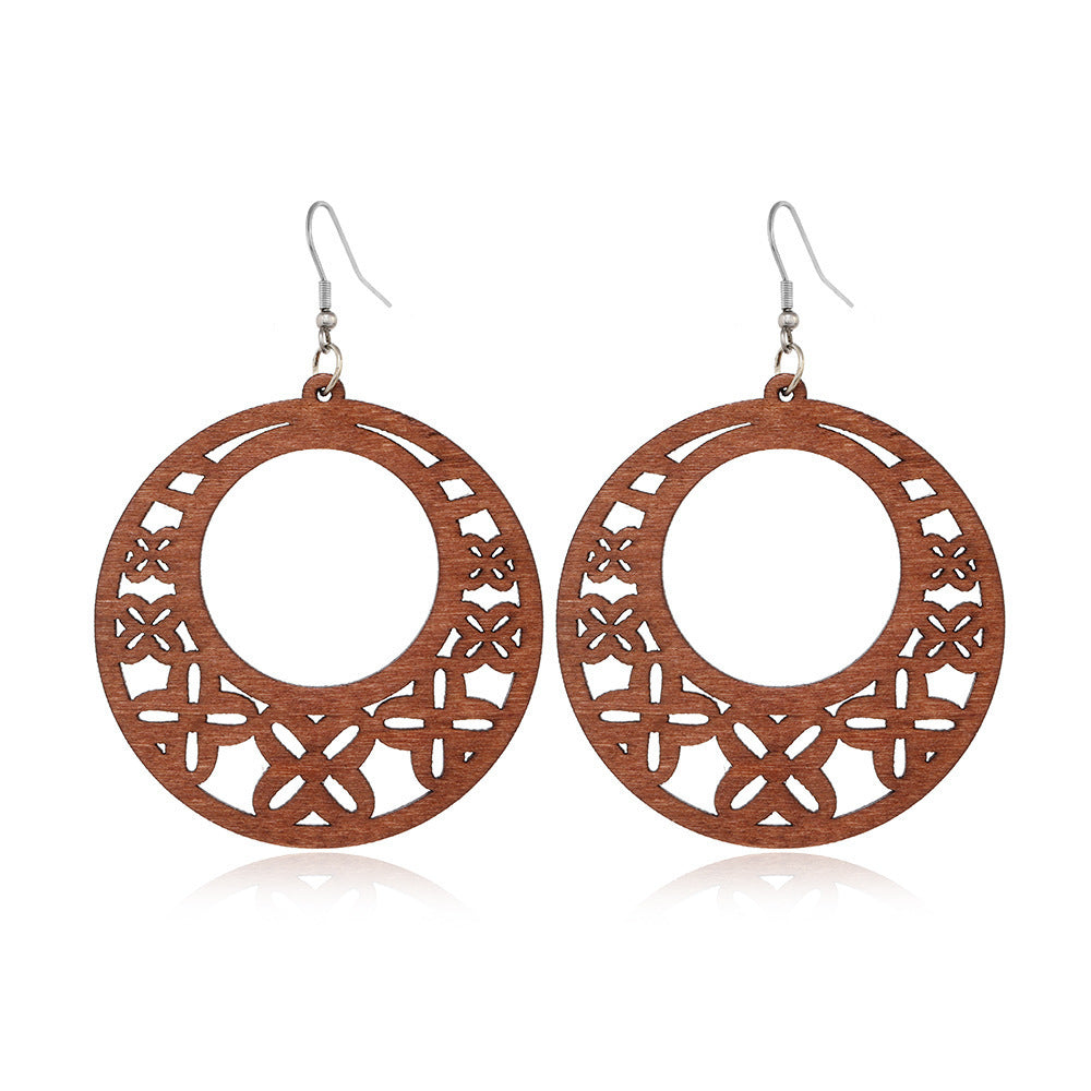 Exaggerated African Pattern Geometric Wooden Earrings Brown