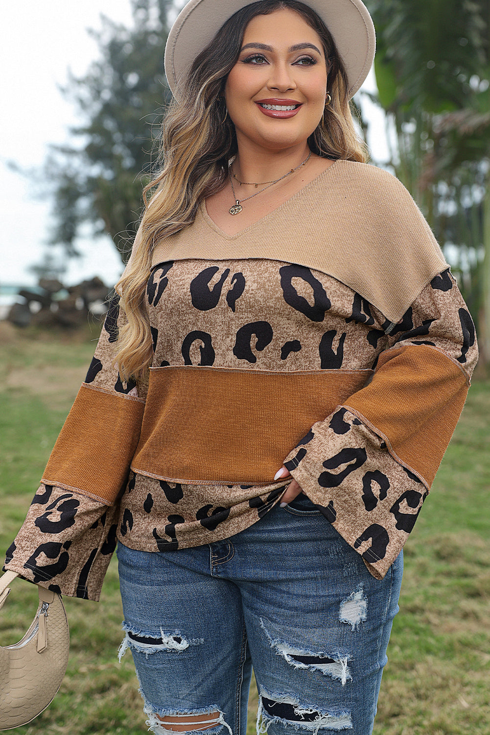 Light French Beige Plus Size Leopard Colorblock Patchwork Wide Sleeve Top